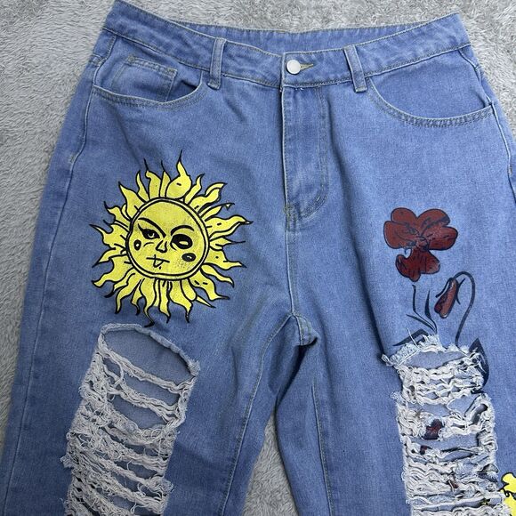 SHEIN 0XL Distressed Patch Jeans Sun Flower Graphic Denim Pants Boho Y2K Style - Picture 3 of 11